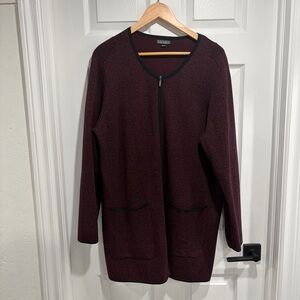 Nicole Miller Burgundy Zip-Up Cardigan with Pockets and Black Hem